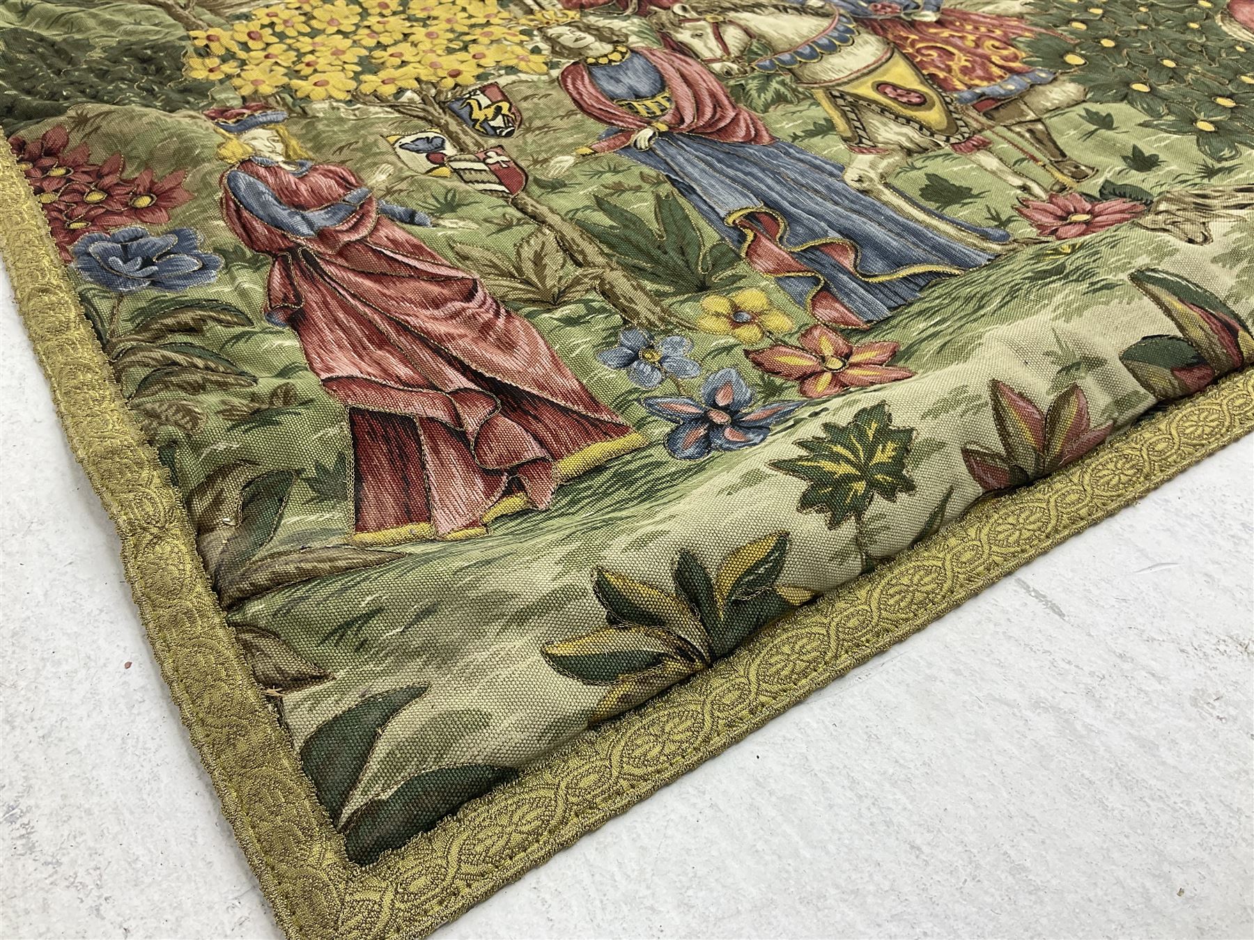 Medieval style German tapestry wall hanging suspended from carved oak pole depicting fairy-tale Rapunzel scene, H126cm W160cm approx 