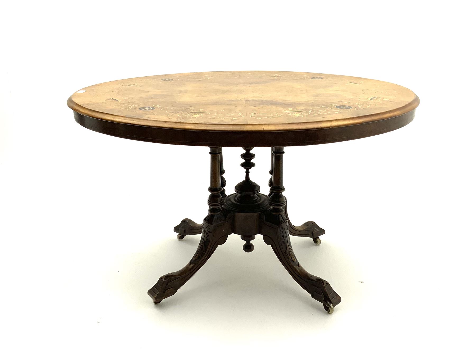 Victorian inlaid walnut oval loo table, folding snap top (no pins)