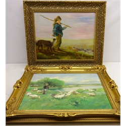  Boy with Dog and Hare and Boy with Geese, two 20th century oils on canvas unsigned 39cm x 49cm (2)  