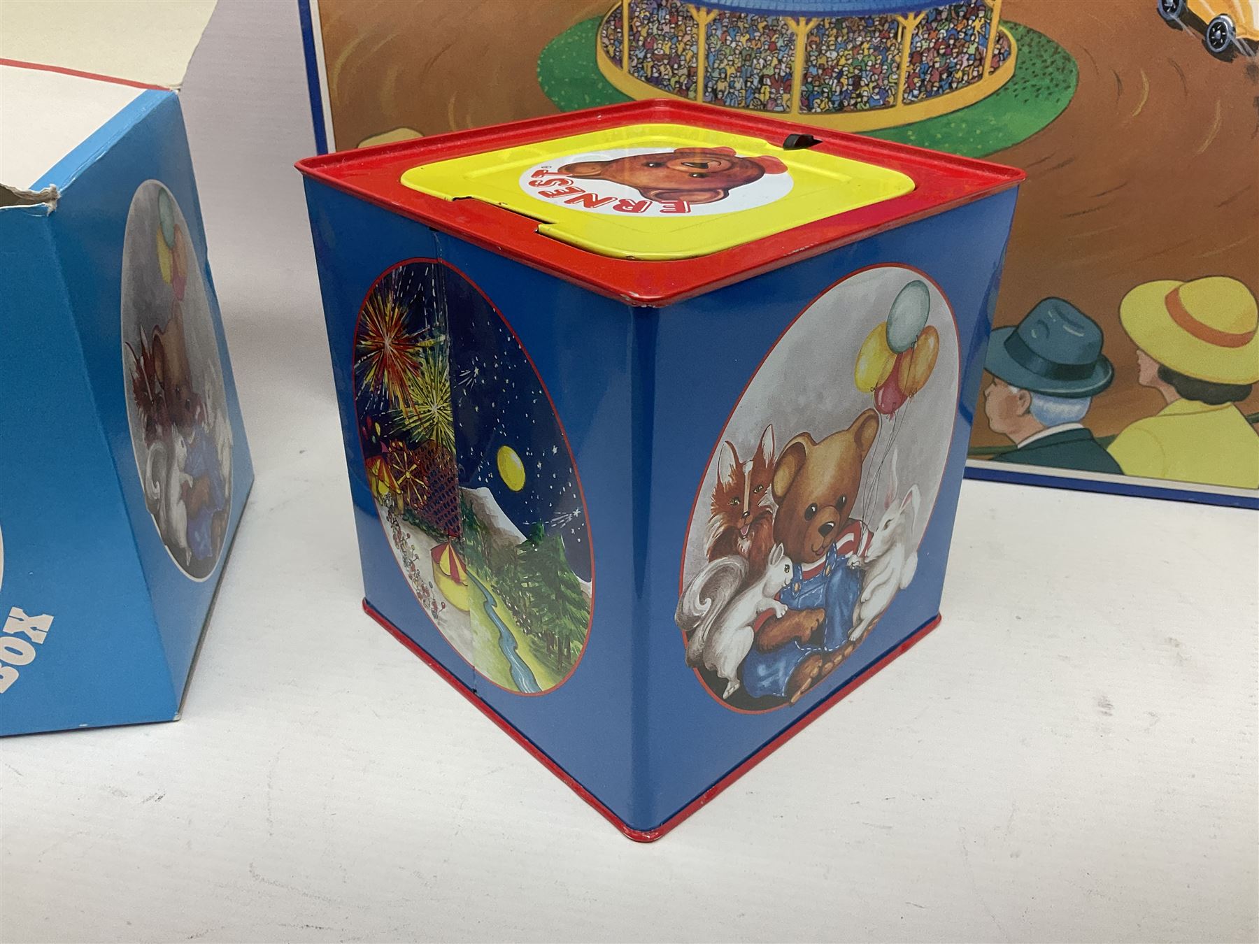 Schylling - six tinplate models comprising Sir Ian’s Bluebird racing car, Speedway Auto Racer, two Aluminium Airships, Tin Speedboat and Ernest in the Music Box; all in original boxes 