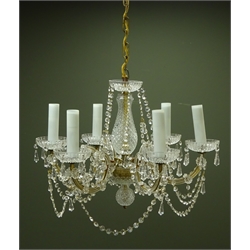  Six light chandelier, central glass column supporting six scroll branches, adorned with glass flower heads and prism drops, D56cm  