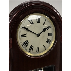  Early 20th century mahogany dome top longcase clock, circular silvered dial with Roman numerals, triple weight driven chiming 'Gustav Becker' movement, with Westminster/silent lever, H179cm  