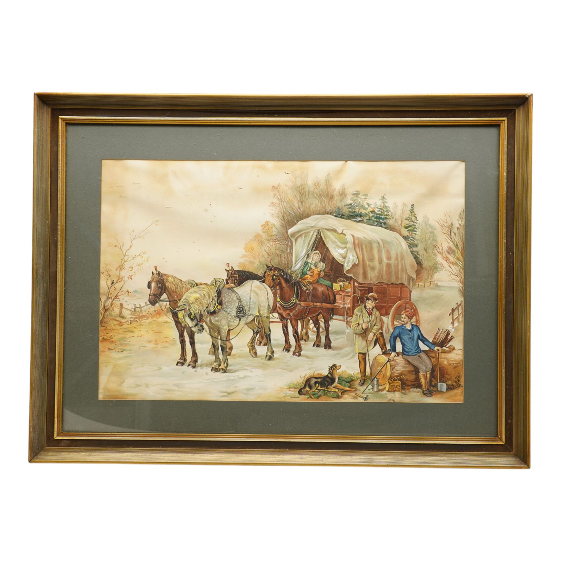 English School (20th century): The Blacksmith's and Gypsy Horses and Caravan, pair watercolours indistinctly signed and dated 1979, 40cm x 61cm