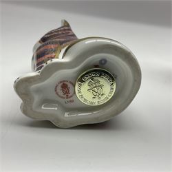 Three Royal Crown Derby paperweights, comprising of three cats, all with gold stoppers and printed mark beneath 