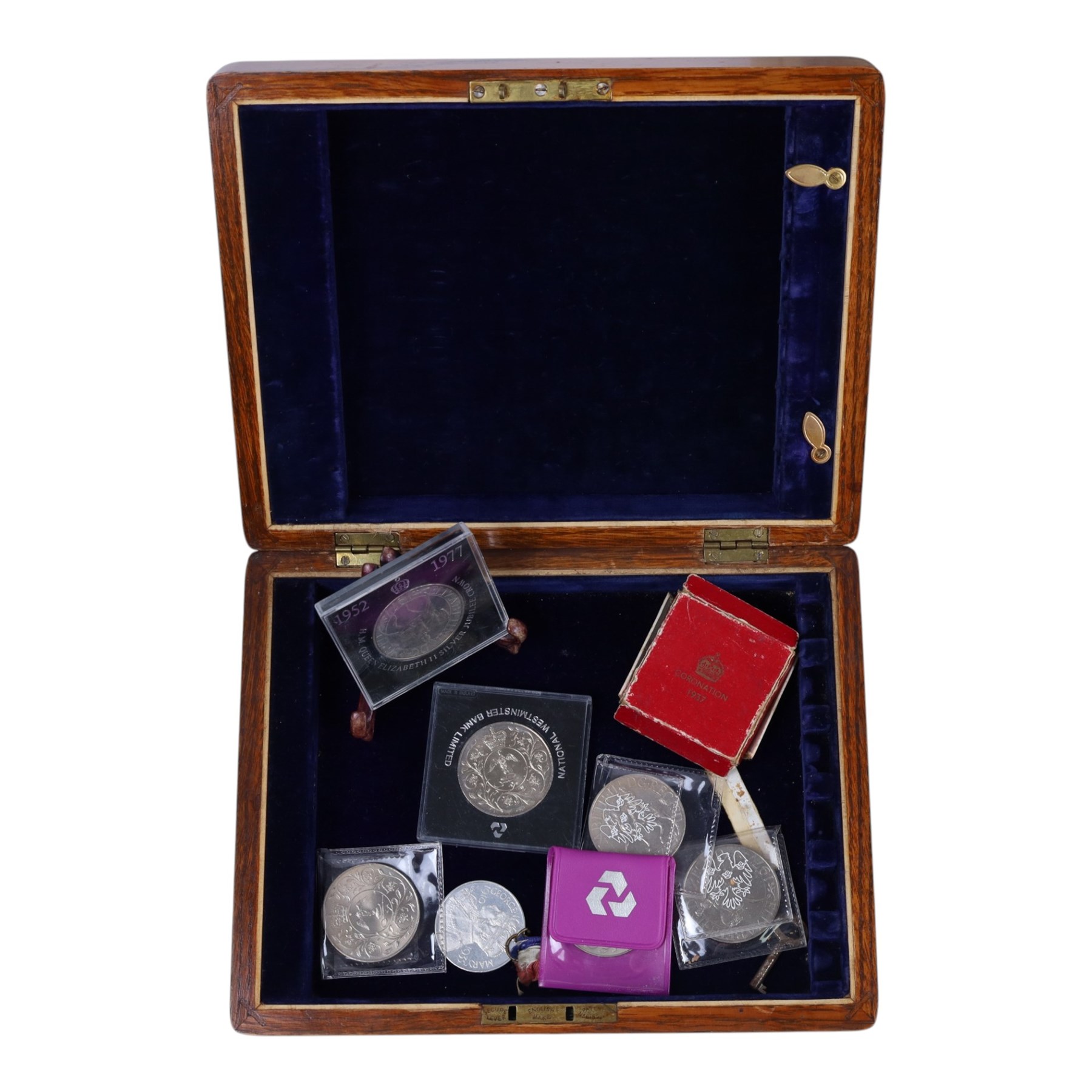Coalport Roaring Twenties figure 'Sadie', boxed, Minton Brocade plate, wooden box with key, commemorative coins and other collectables