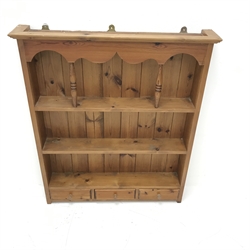 Solid pine wall rack, three shelves above three spice drawers, W80cm, H96cm, D17cm