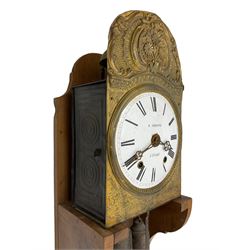 D.Sarrayol - 19th century French 8-day Morbier or Comptoise clock, mounted on a wooden wall bracket with an enclosed movement, anchor escapement and vertical rack strike, with a white enamel dial inscribed D.Sarrayol, Gerenade and repoussé brass dial surround, weight driven movement striking the hours on a bell, once on the hour and two minutes after, and once on the half hour, with a original gridiron pendulum and two weights.   