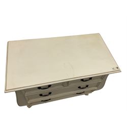 French design bombe shaped chest, moulded rectangular top over two short and three long drawers, on scrolled feet, in cream paint finish 