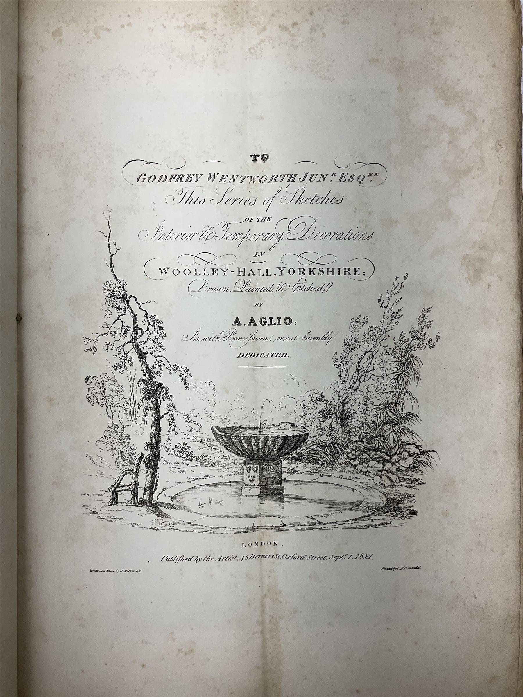 George Cuitt Jnr (British 1779-1854): 'Select parts of Kirkstall Abbey', complete set six etchings signed titled and dated 1823 in the plate, oblong folio; J Metcalf and J Carmichael (British 18th/19th century): 'Fountains Abbey Intended To Illustrate The Architecture And Pictureseque Scenery Of That Celebrated Ruin', seven etchings (one missing) pub. 1832 with Historical and Architectural Description by T Sopwith, oblong folio; Augostino Aglio (Italian 1777-1857): 'Sketches of the Interior & Temporary Decorations in Woolley-Hall Yorkshire', complete set 22 lithographs dated 1821, pub. by the artist, oblong folio max 54cm x 37cm (3)