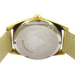 Omega Genève gentleman's stainless steel and gold-plated manual wind wristwatch, Ref. 135.0041, silvered dial with baton hour markers, on cream leather strap, with Omega gilt buckle, boxed with papers dated 1974