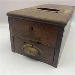 Wooden Gledhill till with paper labels to interior and a set of Salter scales with weights, till H17cm