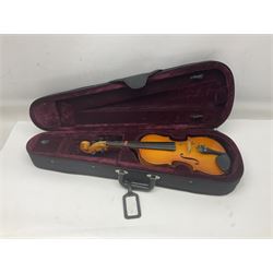 Four Chinese graduated violins - full size with 35.5cm two-piece back; three-quarter size with 33.5cm two-piece back; half size with 31cm two-piece back; and quarter size with 27.5cm two-piece back; all cased except full size; one with bow (4)