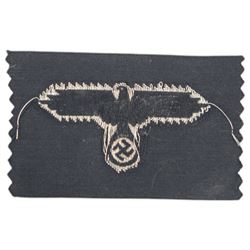 Third Reich SS officers cap insignia, machine-woven silver bullion SS Eagle, on black rectangle, together with German Eastern Front Medal, insignia H5cm, L7cm 