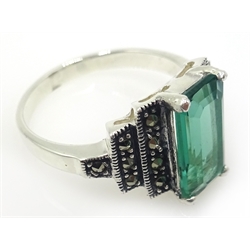  Silver stepped marcasite and green stone ring, stamped 925  