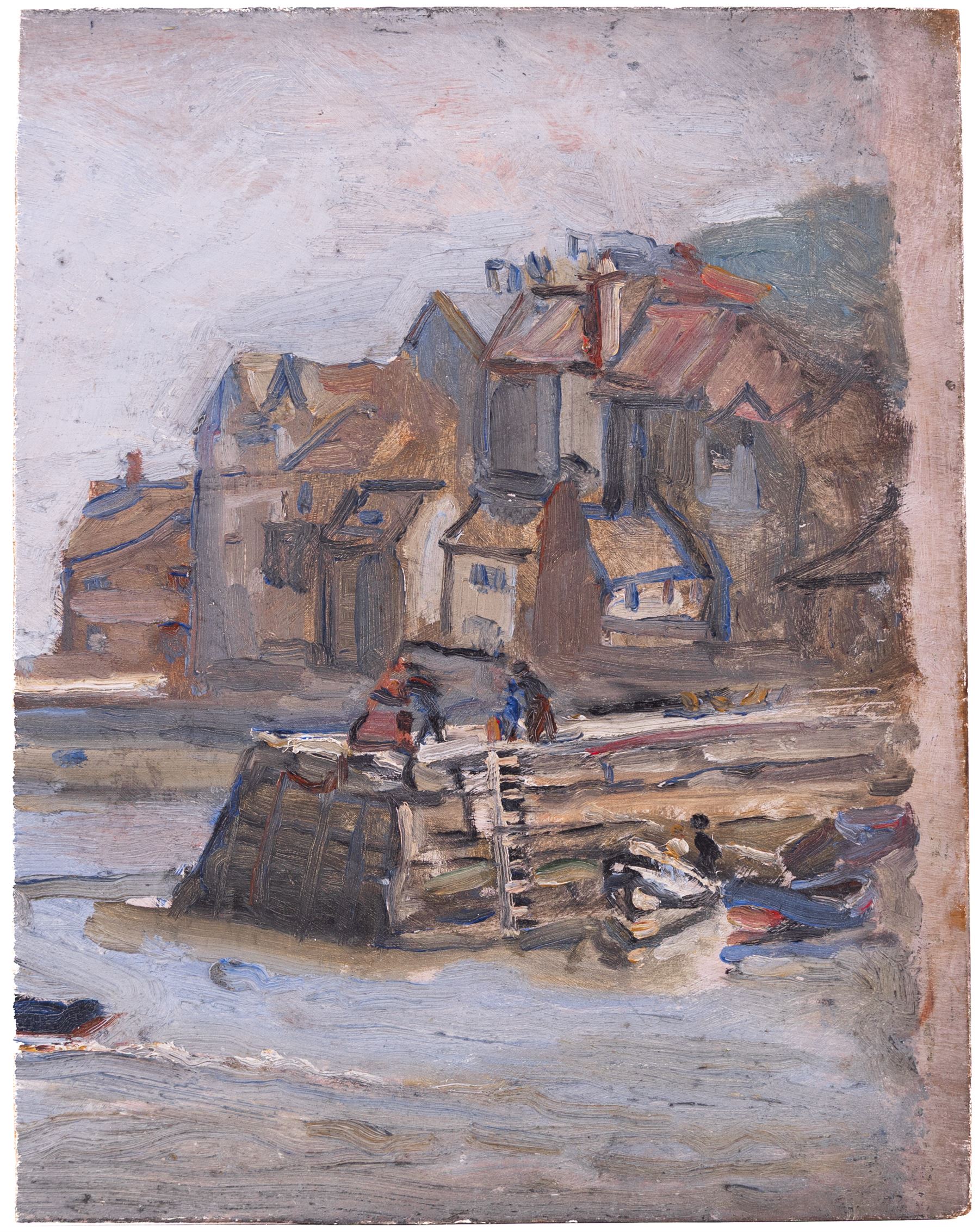 Florence Adelina Hess (Staithes Group 1891-1974): Unloading Boats on Tate Hill Pier Whitby, oil on panel unsigned 23cm x 18cm 
Provenance: from the collection of Doris Bilbrough (née Sykes), cook to the Hess household in the 1930s, thence by descent through the family.