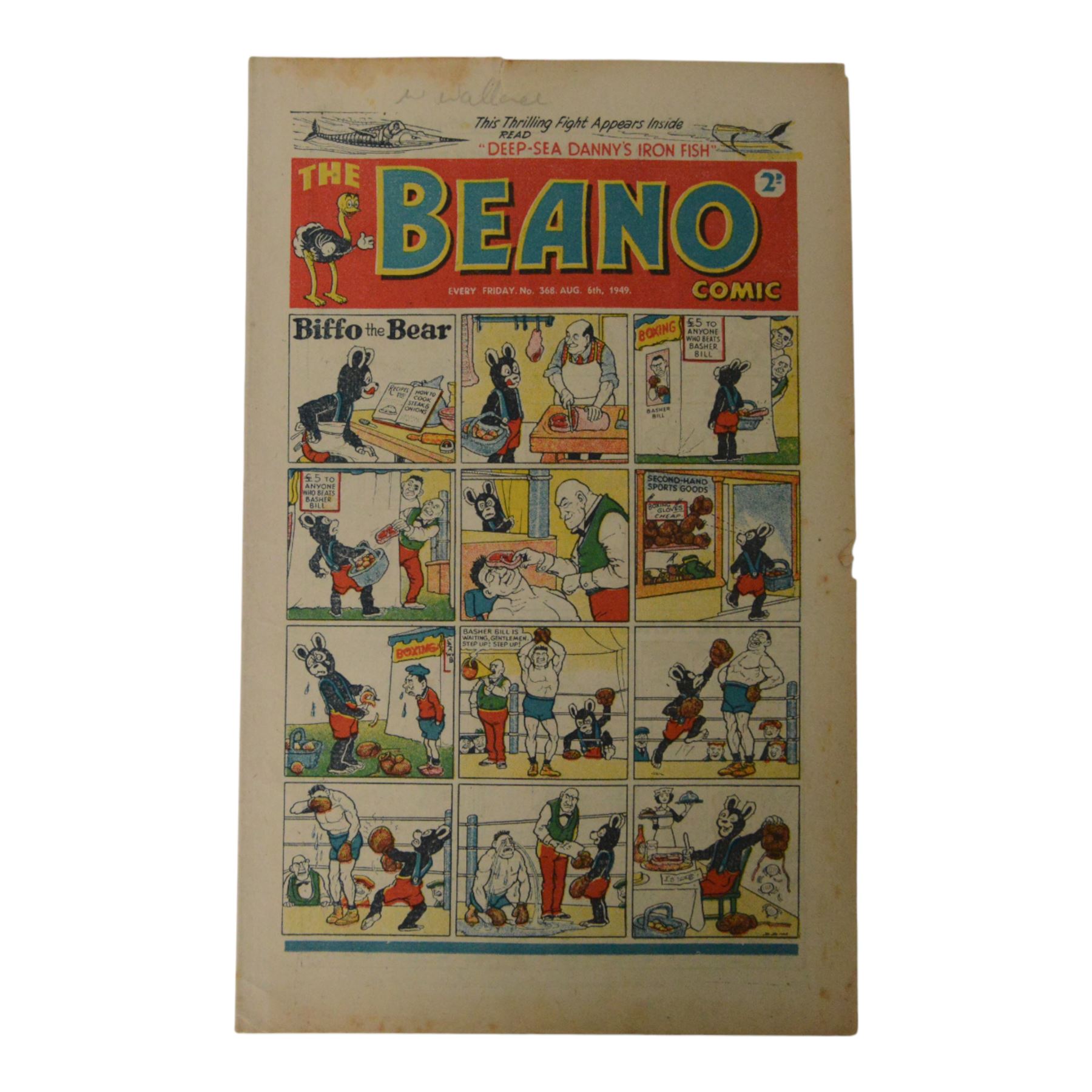 Seven 1940s and 50s The Beano comics, including 1941 issue no.166 propaganda war issue, with Big Eggo black-out cover, 1948 issue no.329, 1949 issue no.368, 1949 issue no.379, 1950 issue no.398,  1950 issue no. 424 and 1954 issue no. 603