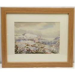 Richard Edward Clarke (British 1878-1954): 'View from Hillthorpe House (Westwood) Scarborough in Snow', watercolour signed titled and inscribed 'with Aunt Emily's love' verso 25cm x 35cm 
Notes: the view shows the Old Boys High School built as the Municipal School in 1900; an Emily Thomas is registered as living in Hillthorpe House in the Bulmer's Directory of 1890