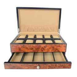 Birdseye maple humidor, together with watch organiser, the hinged lid opening to ten cushioned sections, with draw beneath  