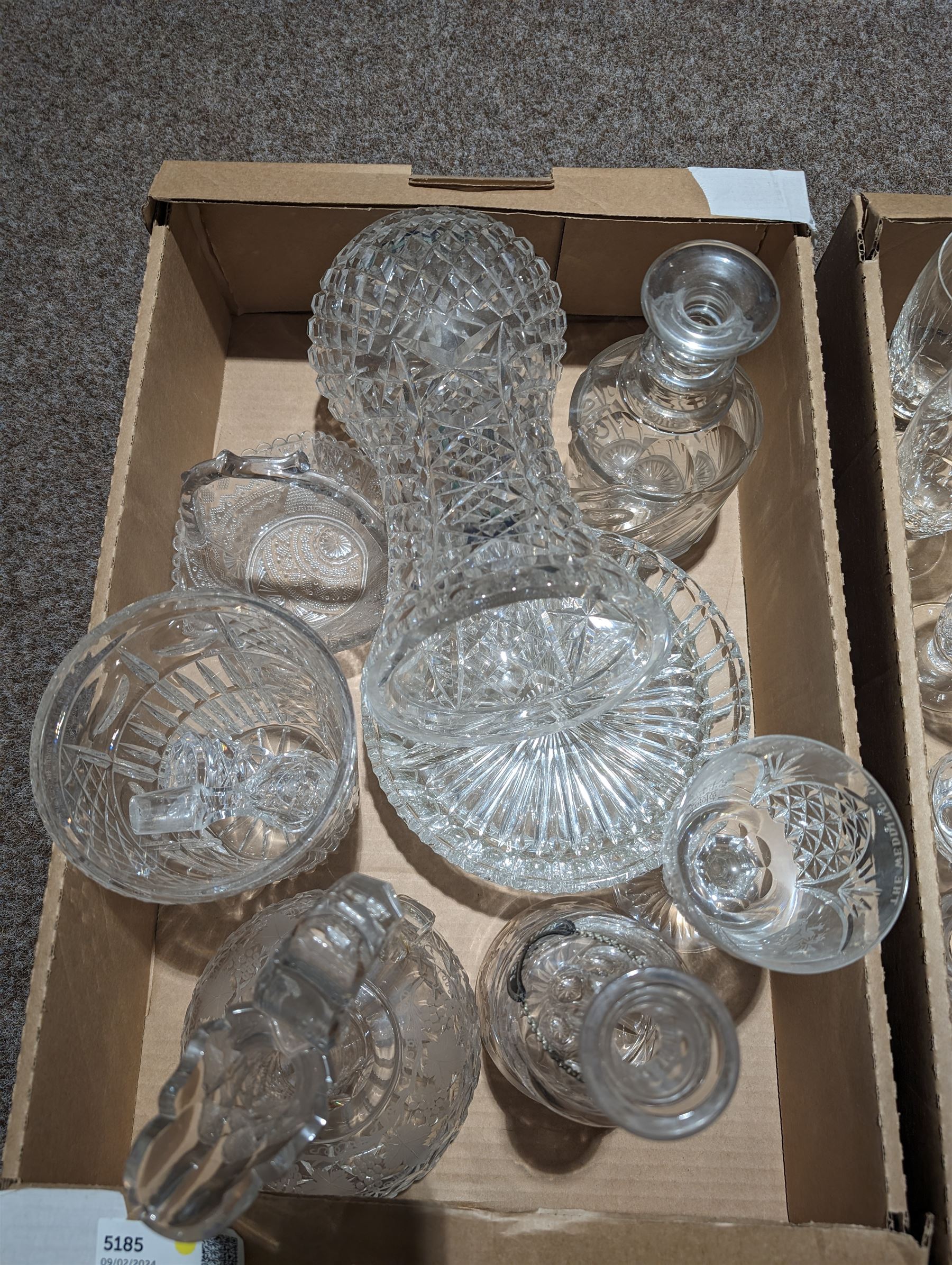 Stuart Crystal drinking glasses, including cut and etched examples, together with a collection of other cut glass and similar, including, decanters, vases, drinking glasses, jugs, etc