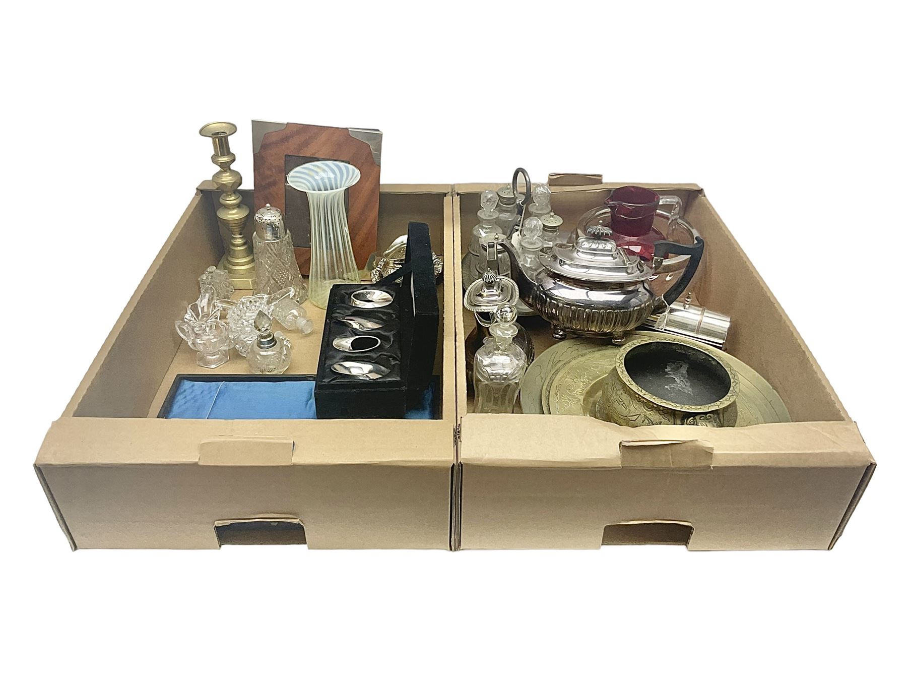 Uranium green glass vase, together with cranberry glass jug, glass dish with silver plate rim, glass cruet set etc, in two boxes 