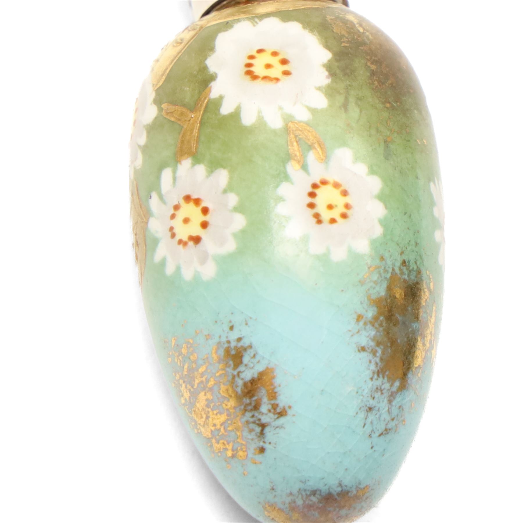 Victorian silver and porcelain scent bottle, painted with flowers on a gilt, blue and green sponged ground, maker GW, Birmingham 1887, L5cm