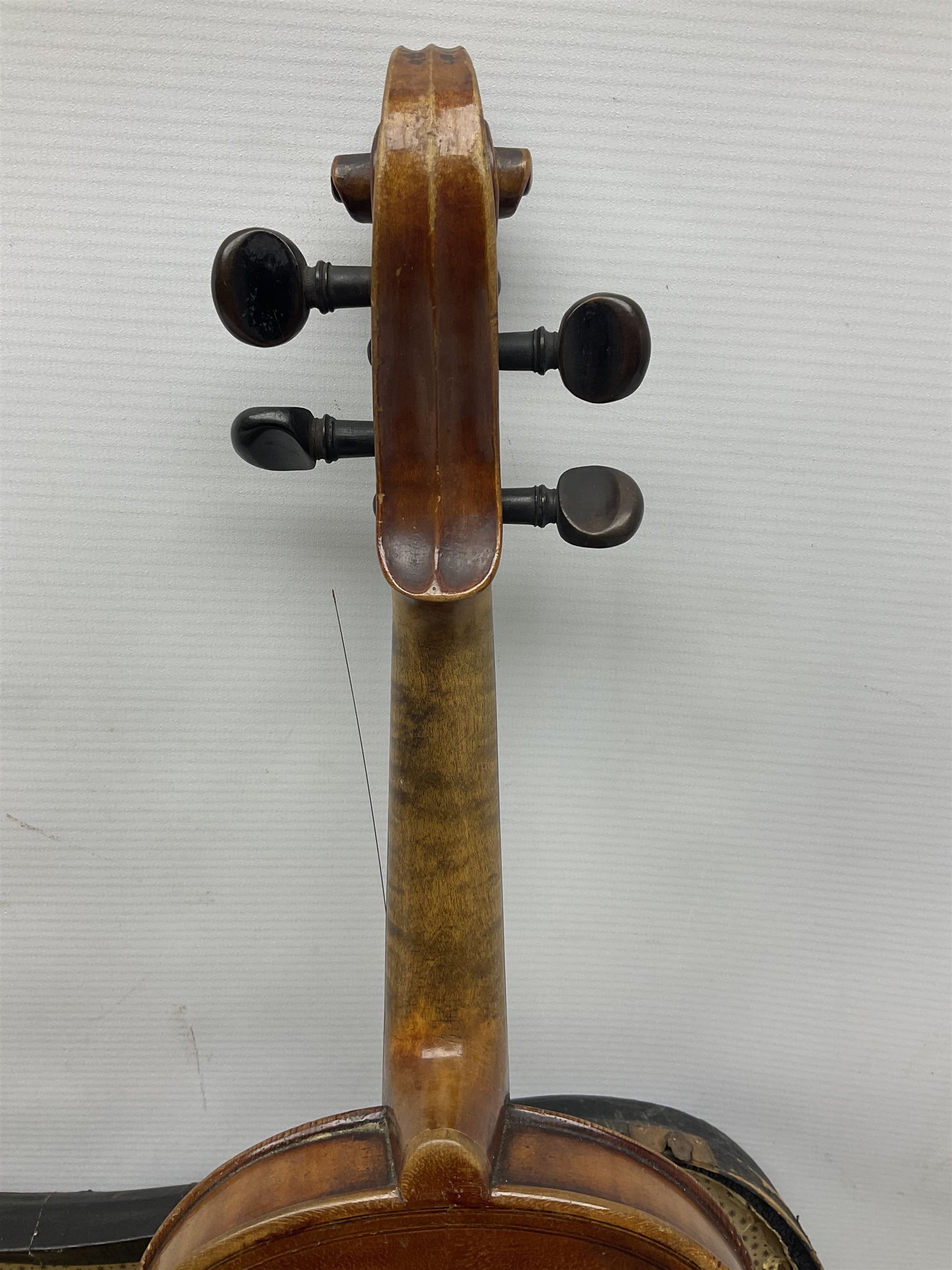 German copy of a Maggini violin c1900 with 35.5cm two-piece maple back and ribs and spruce top, bears label 'Maggini Deutsche Arbeit 1866' L59cm; in carrying case with bow