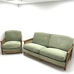 Ercol elm Bergere three seat sofa, Golden Dawn finish (W185cm) and matching armchair (W91cm)