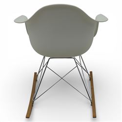 Vitra - RAR rocking chair, moulded plastic shell in cotton white with integrated arms, raised on chrome wire supports with stained wooden rocking runners