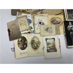 Two albums of cigarette cards, including Carreras Alice in Wonderland examples, together with vintage greetings cards, postcards, theatre stills, etc