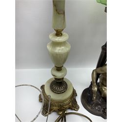 Art Deco style bronzed and gilded spelter figural table lamp with green Uranium glass shade; H48cm, another table lamp; and a bisque group