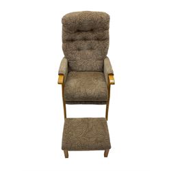 Late 20th century armchair, upholstered in buttoned beige foliate fabric, with matching footstool