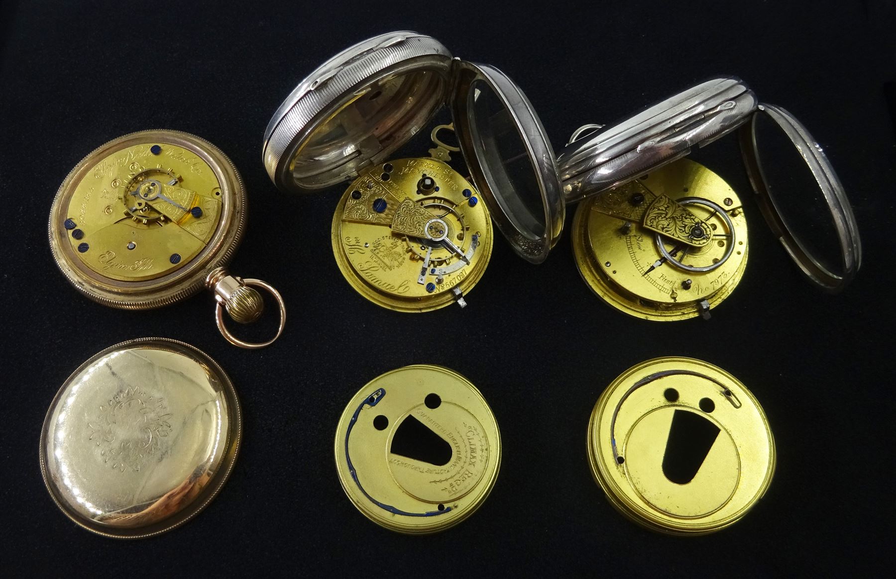 Victorian silver open face lever fusee pocket watch, N. 7973, silver dial with subsidiary seconds hand, London 1965, Elgin National Watch Company gold-plated pocket watch No. 3044245, silver H.Samuel 'The Climax Trip Action Patent pocket watch, one other pocket watch and a collection of wristwatches