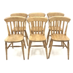 Solid circular pine table, turned column on three supports (D128cm, H76cm) and set six beech farmhouse style dining chairs (W38cm)