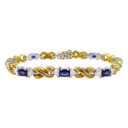 18ct gold eight oval cut sapphire and sixteen trillion cut diamond bracelet, total diamond weight approx 3.25 carat, total sapphire weight approx 4.50 carat