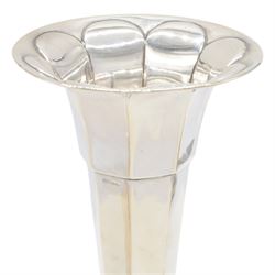 Two 1920s silver mounted trumpet vases, the first example of faceted form, hallmarked James Deakin & Sons, Sheffield 1921, the second example with fluted rim, hallmarked Walker & Hall, Birmingham 1922, tallest H25cm