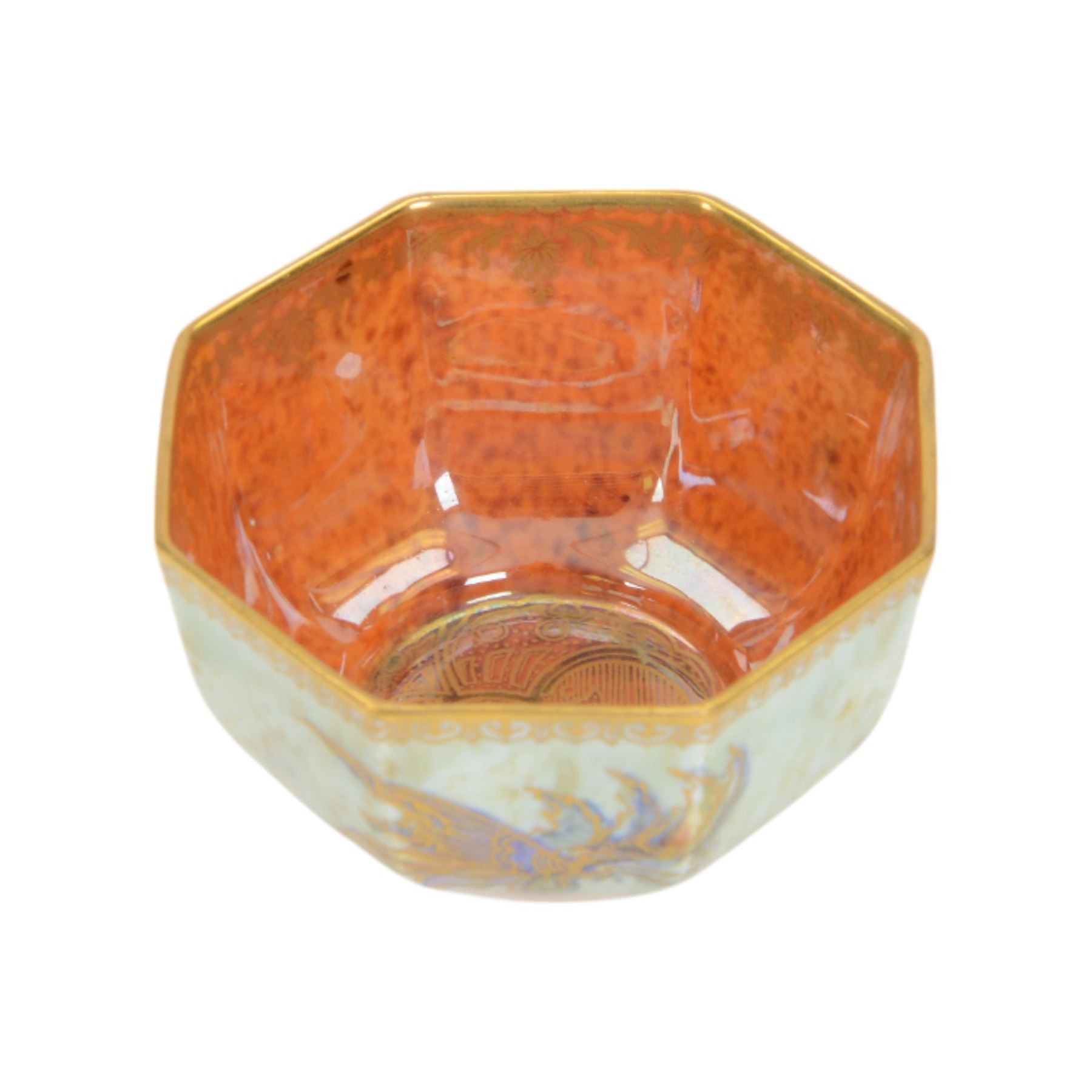 Wedgwood Fairyland lustre bowl, of octagonal form with gilt butterflies on a mottled pale green ground, with mottled orange interior and printed mark beneath, W9cm, H5cm