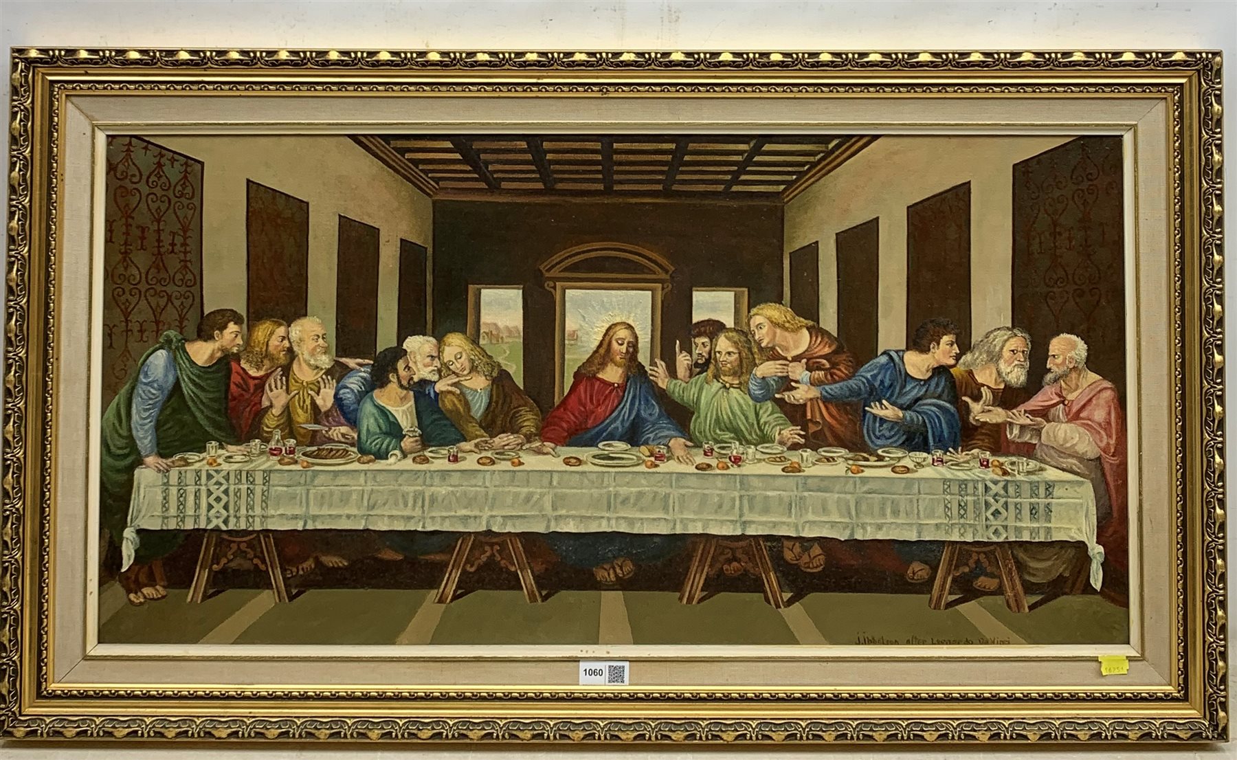 J Ibbotson after Leonardo da Vinci: 'The Last Supper', oil on canvas  signed 40cm x 80cm