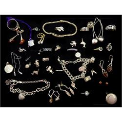 Silver and stone set silver jewellery including charm bracelets, amber stud earrings, rings, pendant 'charms and a cubic zirconia bracelet
