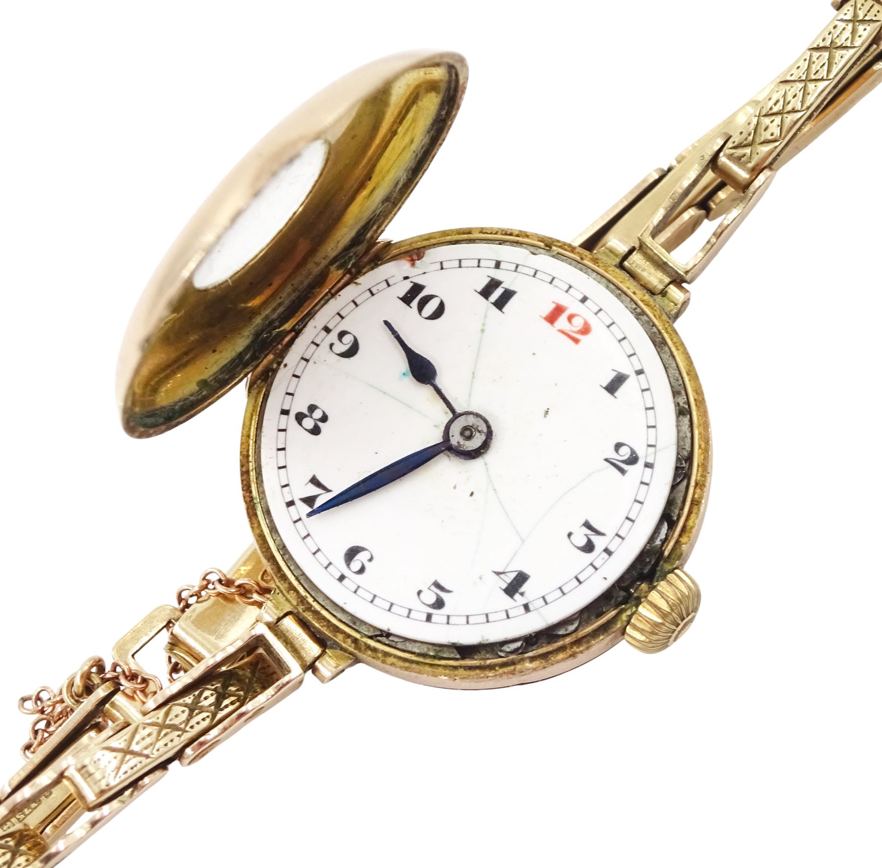 Rolex early 20th century ladies 9ct rose gold manual wind half hunter wristwatch, white enamel dial with Arabic hour markers, London import marks 1916, the back case engraved 'Vera', on later expanding bracelet, Birmingham 1960