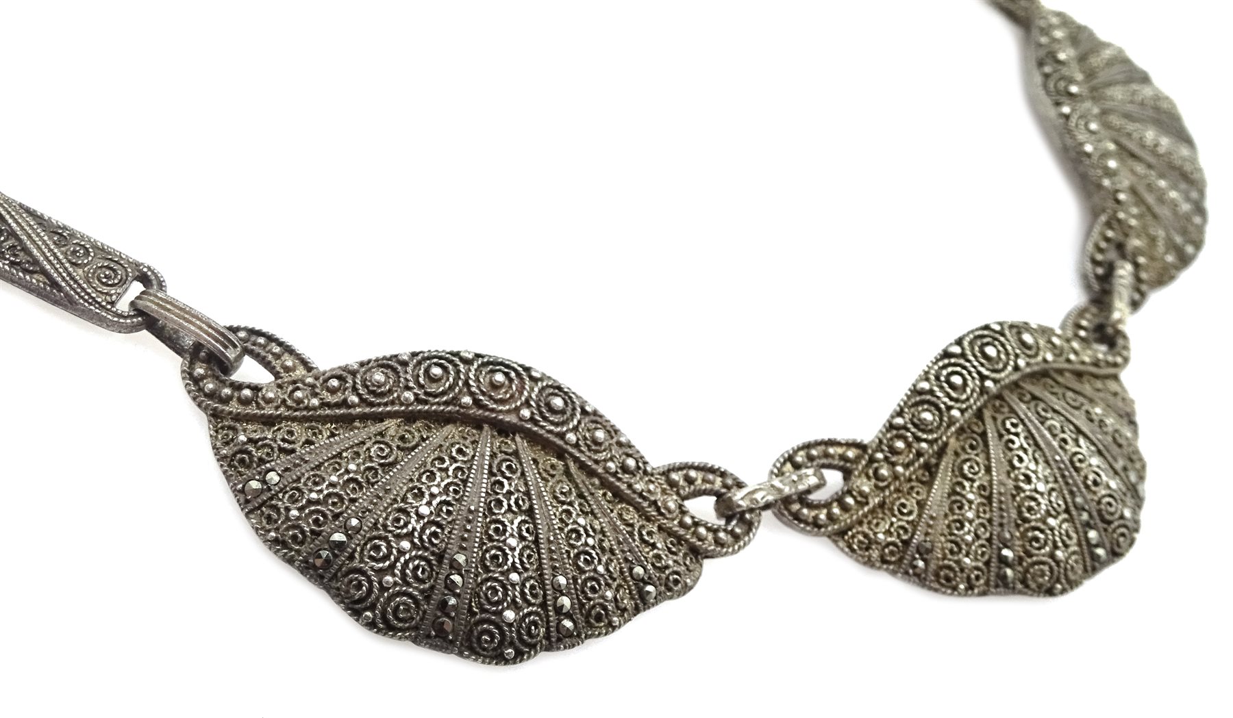 Thedore Fahrner Art Deco  silver and marcasite scalloped design necklace, stamped TF 925
