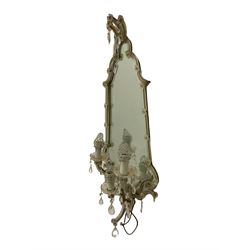 Mid to late 20th century Venetian style glass girandole / mirror, shaped frame and decorated with glass droplets, triple branch electroliers 