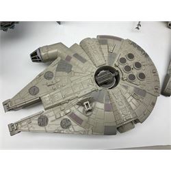 Star Wars - four space/land vehicles comprising Millenium Falcon with hinged top and figures; TIE Fighter; X-Wing Fighter with pilot; and AT-ST 'Chicken Walker' transporter; all unboxed (4)