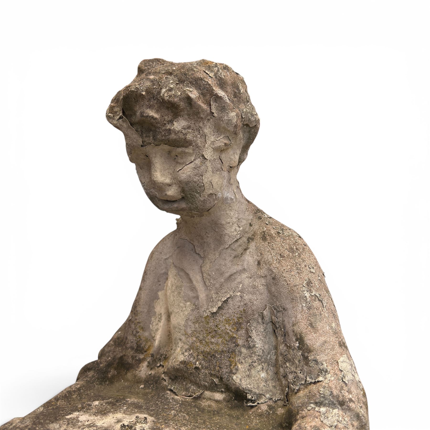 Two composition stone garden figures, comprising a seated boy figure and a standing classical draped female figure, each on square base, weathered painted finish.