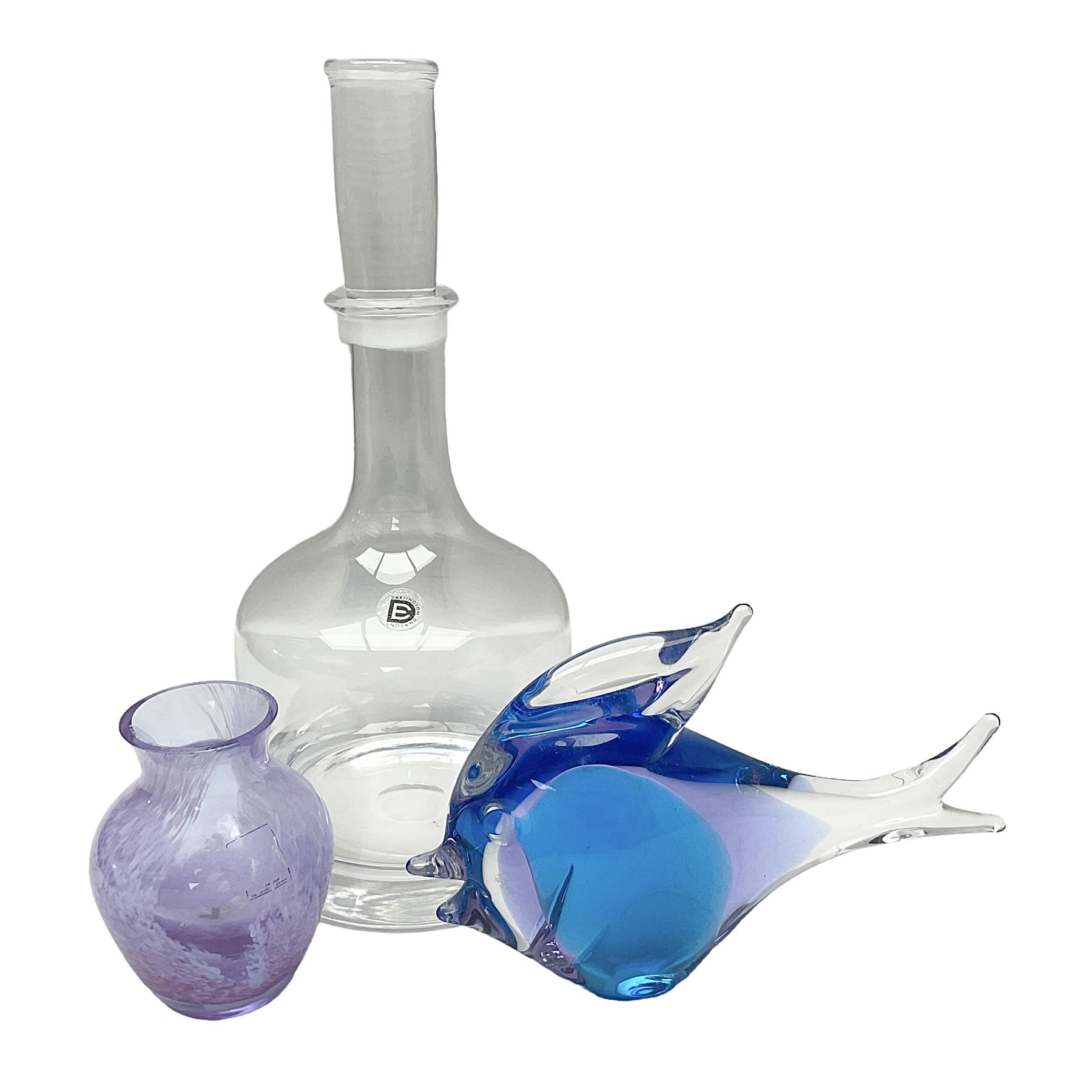 Dartington Crystal decanter, Caithness glass vase and a FM Ronneby glass fish