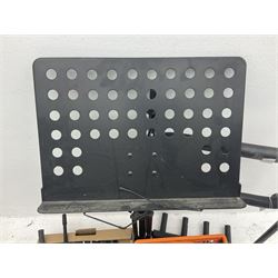 Two Shure SM58 microphones, Gatt Audio DM-700 microphone, other boxed and unboxed microphones and various microphone and music stands