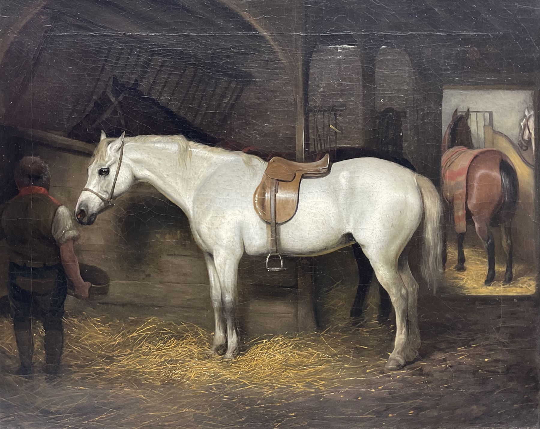 Hillyard (British 19th Century): Grey Hunter in a Stable - Horse Portrait, oil on canvas unsigned, attributed on the mount, in heavily ornamented swept gilt frame, 41cm x 51cm 