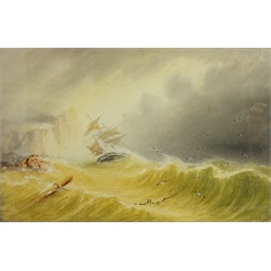 Ship in Distress off the Coast, watercolour signed by Joseph Eaman (British 1853-1907) 33cm x 51cm in oak frame and Sorting the Catch - Whitby, watercolour signed with initials JS and dated 1881, 22cm x 44cm (2)   
