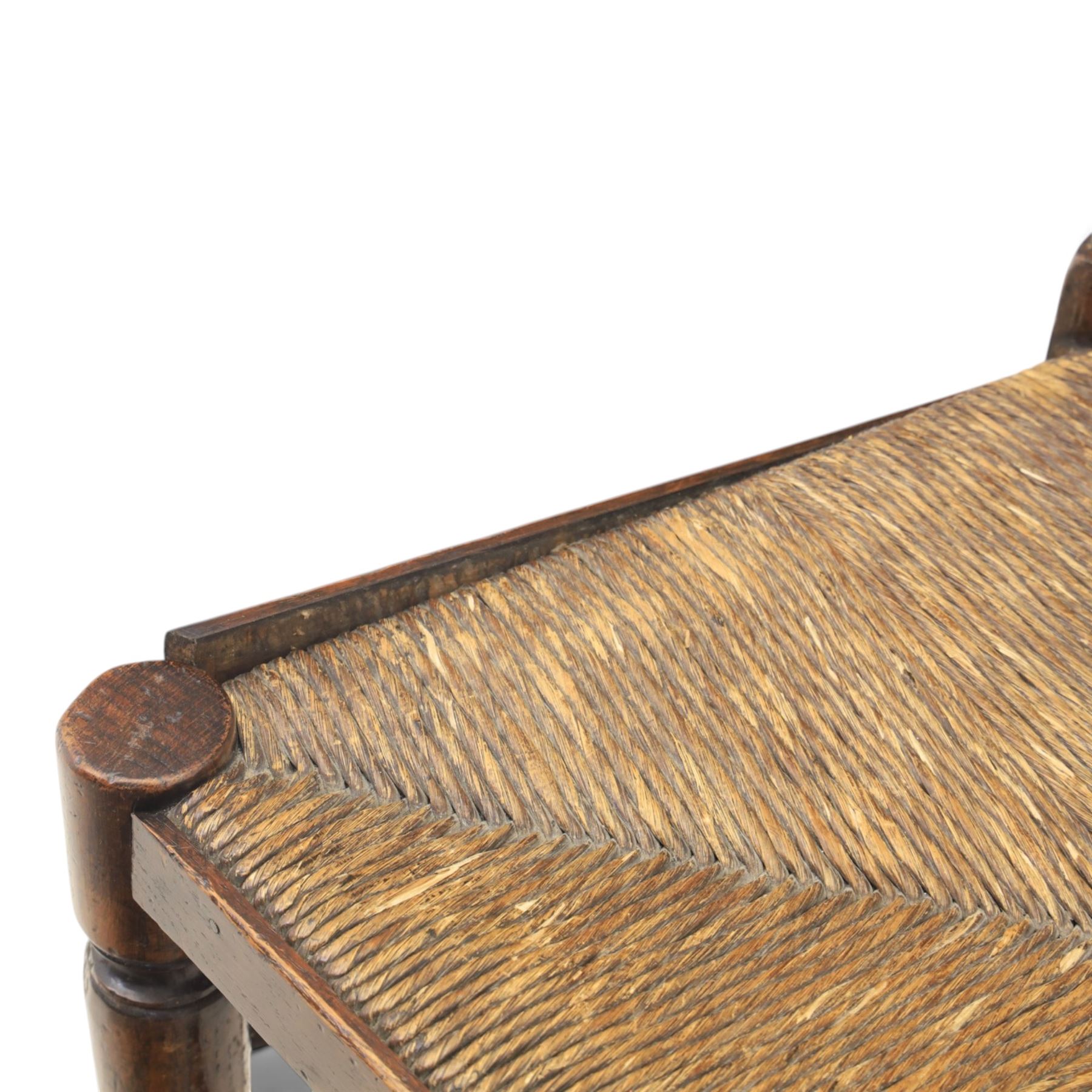19th century set of six ash and elm ladderback dining chairs, shaped ladder backs above rush seats, raised on turned front supports with pad feet, united by turned stretchers