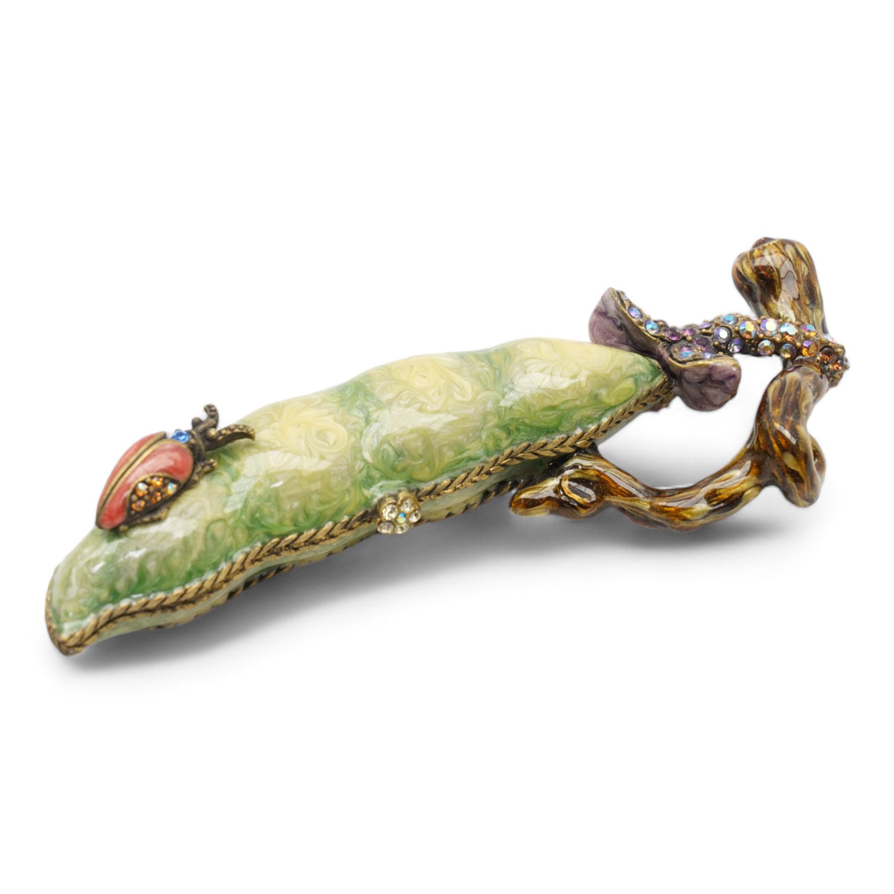 Jay Strongwater - 'Two Peas in a Pod' enamel trinket box, L11.5cm, frog brooch and small trinket box, decorated with a fly and trailing leaves, all set with Swarovski crystals (3)
