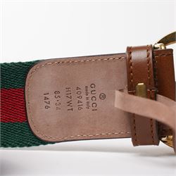 Gucci - web canvas and calfskin leather belt with signature green and red woven stripe, large gold tone GG buckle, stamped with serial numbers, size 85/34, L105cm, unused with original box and dust bag